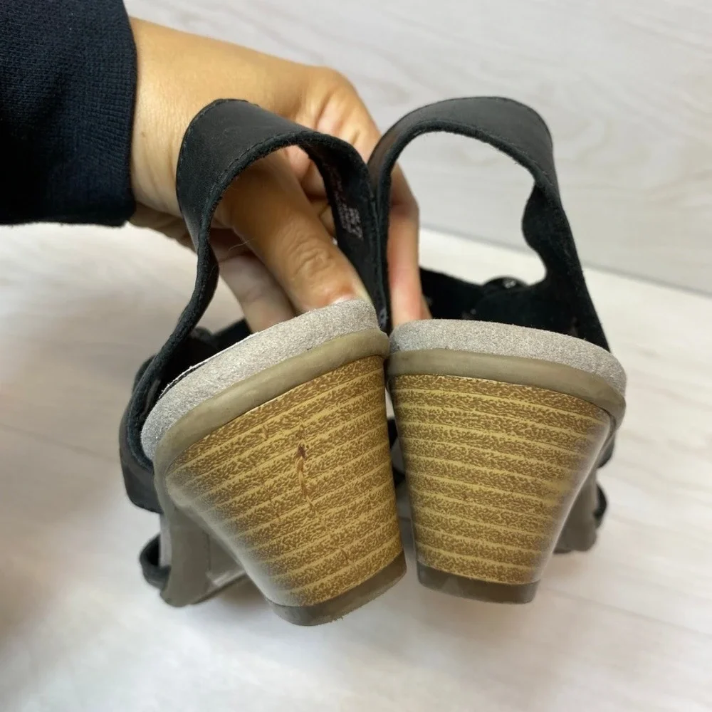 Earth Womens 7.5 Carson Westport Wedge Sandals Black Leather Laser Cut Comfort